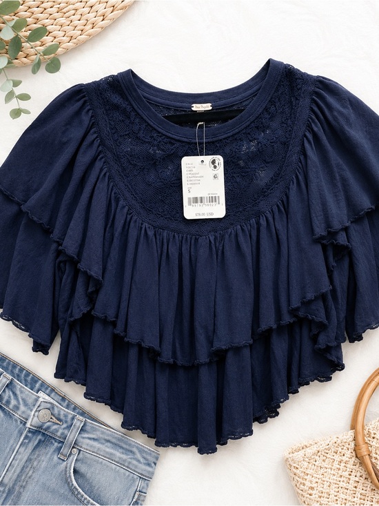 Free People Tops - NWT Free People Rose Party Tee Small Navy Embroidered Ruffle Boho Cotton